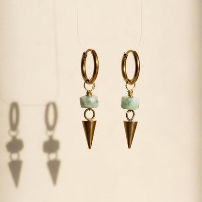 Green Moonstone Spike Drop Gold 10mm Huggie Hoop Stainless Steel Earrings