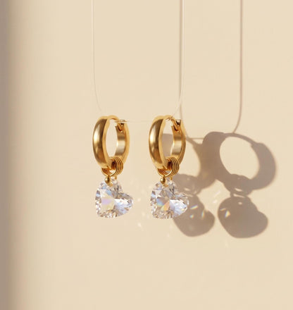 Heart Crystal Charm Gold Huggie Hoop Dangle Earrings, Dainty 10mm, Minimalist Romantic Jewelry