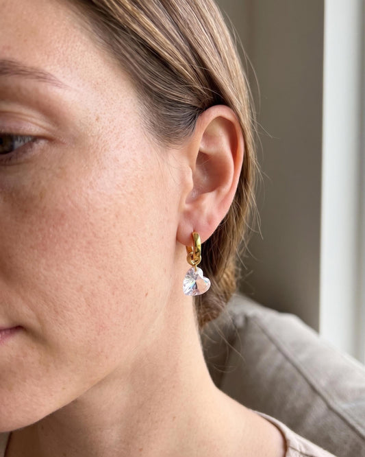 Heart Crystal Charm Gold Huggie Hoop Dangle Earrings, Dainty 10mm, Minimalist Romantic Jewelry