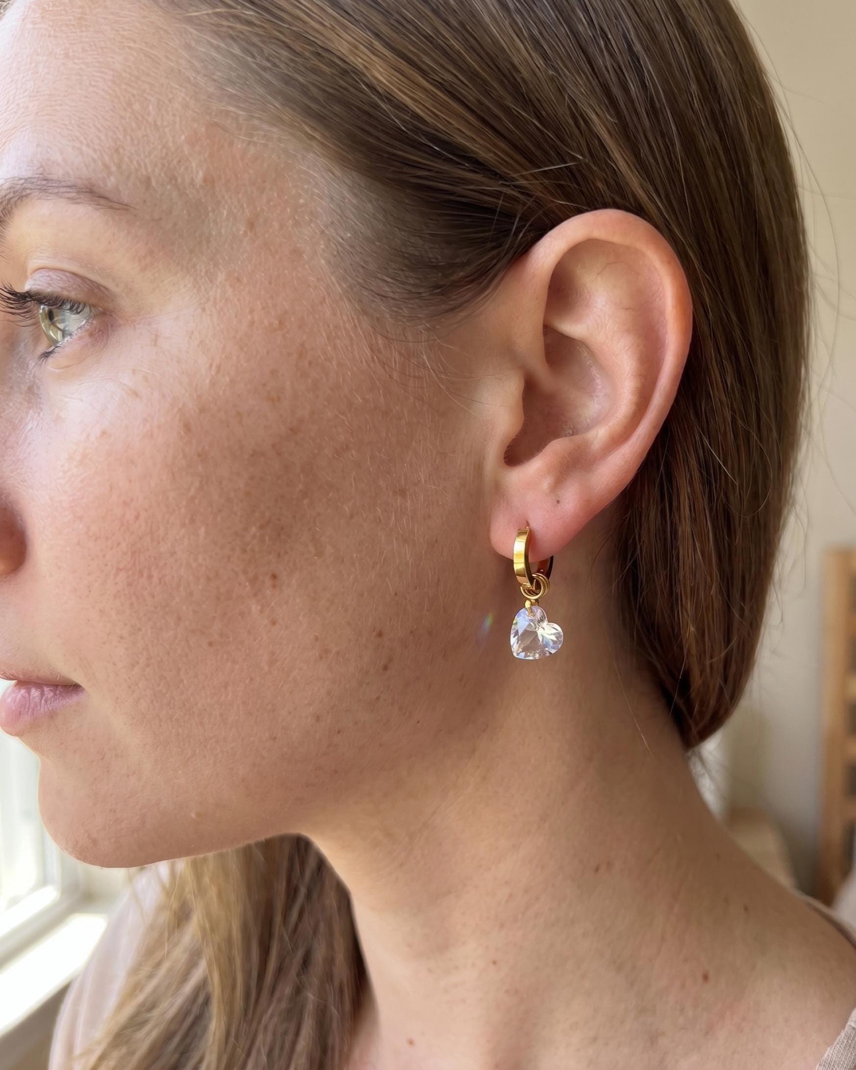 Heart Crystal Charm Gold Huggie Hoop Dangle Earrings, Dainty 10mm, Minimalist Romantic Jewelry