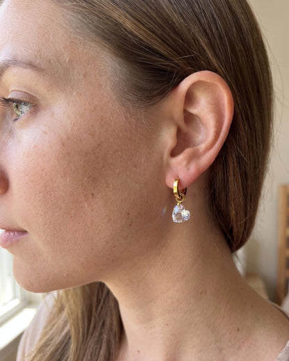Heart Crystal Charm Gold Huggie Hoop Dangle Earrings, Dainty 10mm, Minimalist Romantic Jewelry