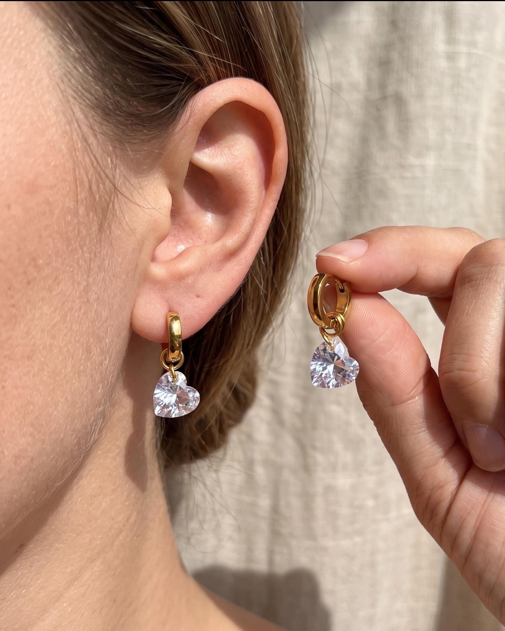 Heart Crystal Charm Gold Huggie Hoop Dangle Earrings, Dainty 10mm, Minimalist Romantic Jewelry