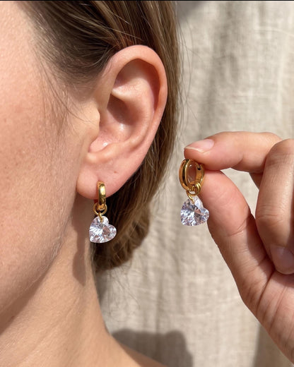 Heart Crystal Charm Gold Huggie Hoop Dangle Earrings, Dainty 10mm, Minimalist Romantic Jewelry