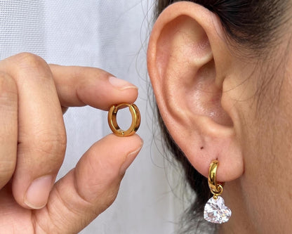 Heart Crystal Charm Gold Huggie Hoop Dangle Earrings, Dainty 10mm, Minimalist Romantic Jewelry