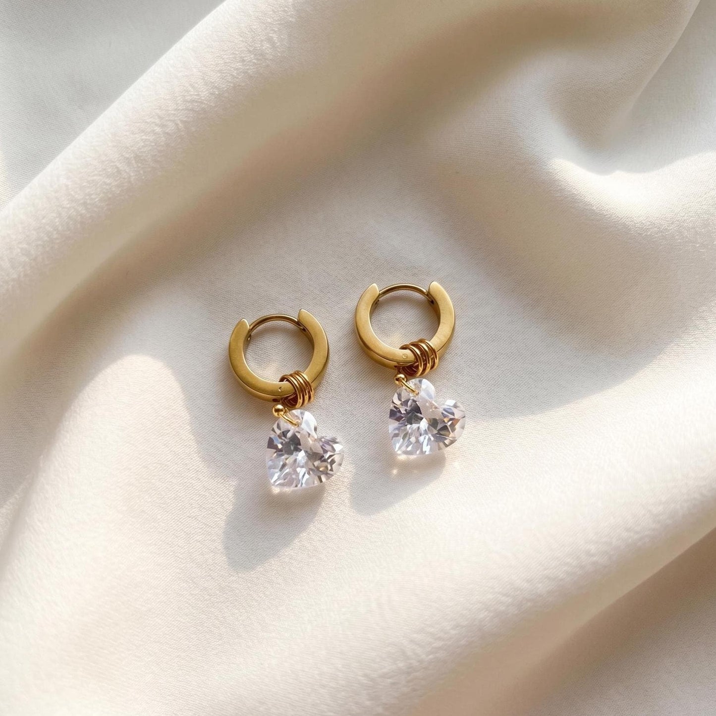 Heart Crystal Charm Gold Huggie Hoop Dangle Earrings, Dainty 10mm, Minimalist Romantic Jewelry
