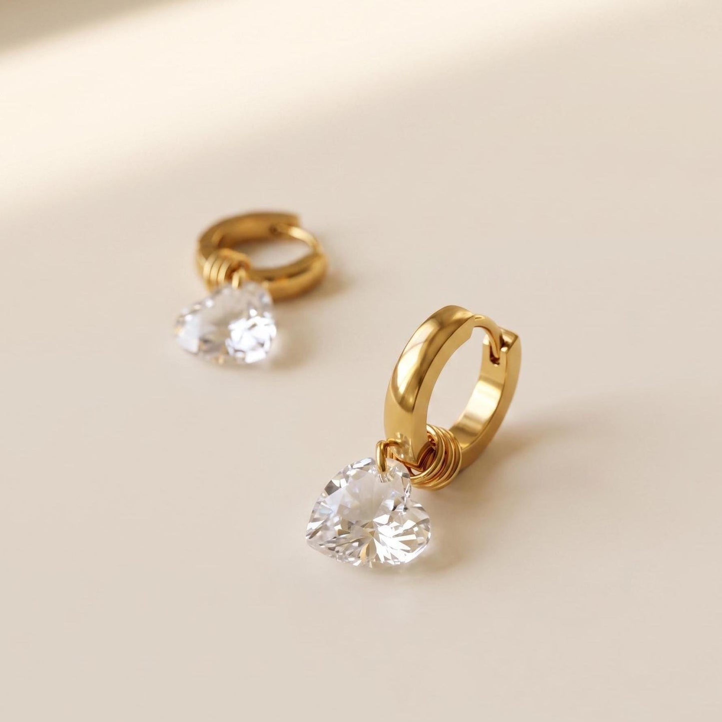 Heart Crystal Charm Gold Huggie Hoop Dangle Earrings, Dainty 10mm, Minimalist Romantic Jewelry