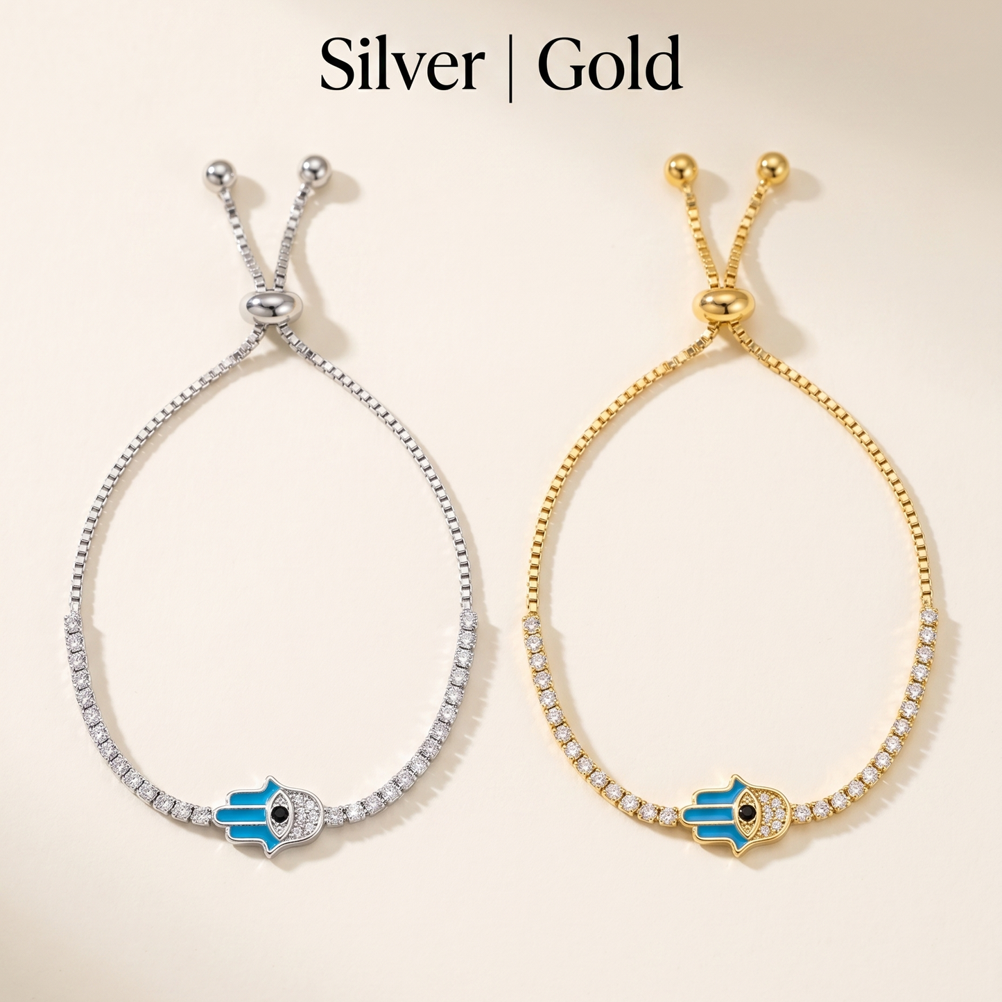 Two bracelets, one silver and one gold, with blue evil eye charms on a beige background.