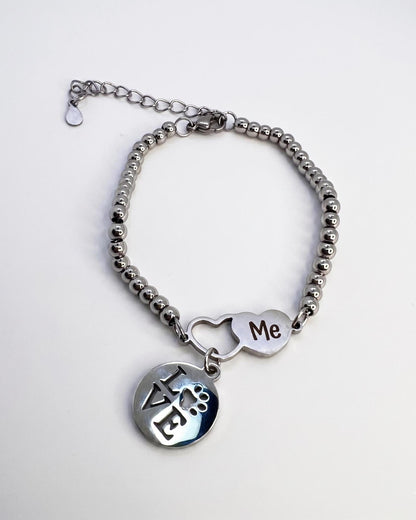 Pet Lover Bracelet, Paw Print Love Charm, Dog or Cat Mom Stainless Steel Jewelry.