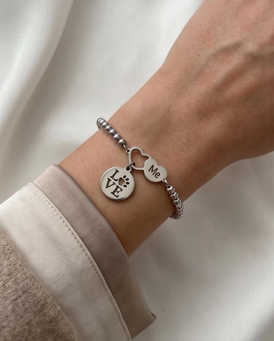 Pet Lover Bracelet, Paw Print Love Charm, Dog or Cat Mom Stainless Steel Jewelry.