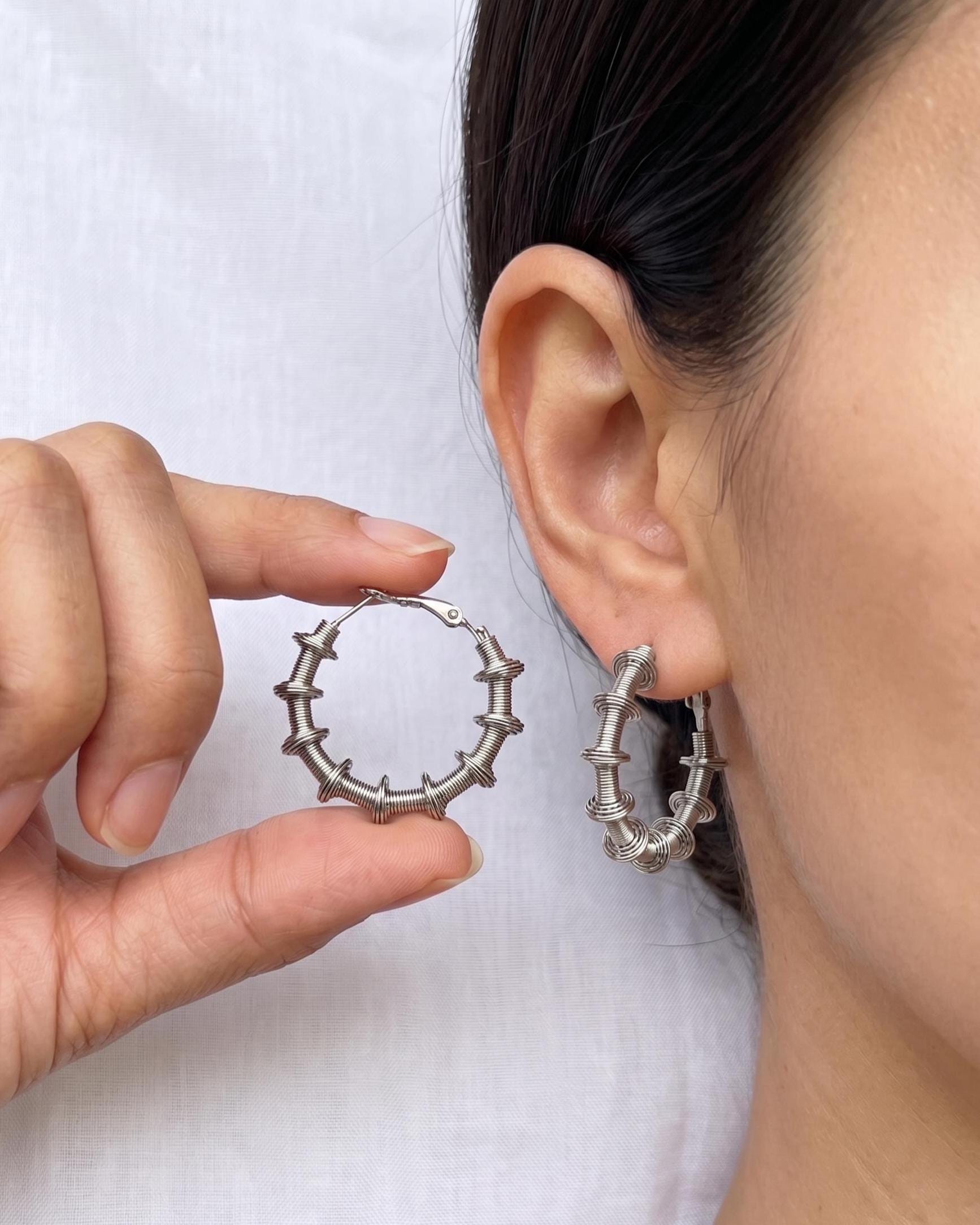 Silver Geometric Coil Hoop Earrings - Minimalist Stainless Steel Lightweight Everyday Hypoallergenic Gift