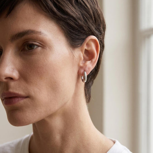 Silver Oval Huggie Hoop Earrings, 13mm Mini Stainless Steel Minimalist Gift for Everyday Wear