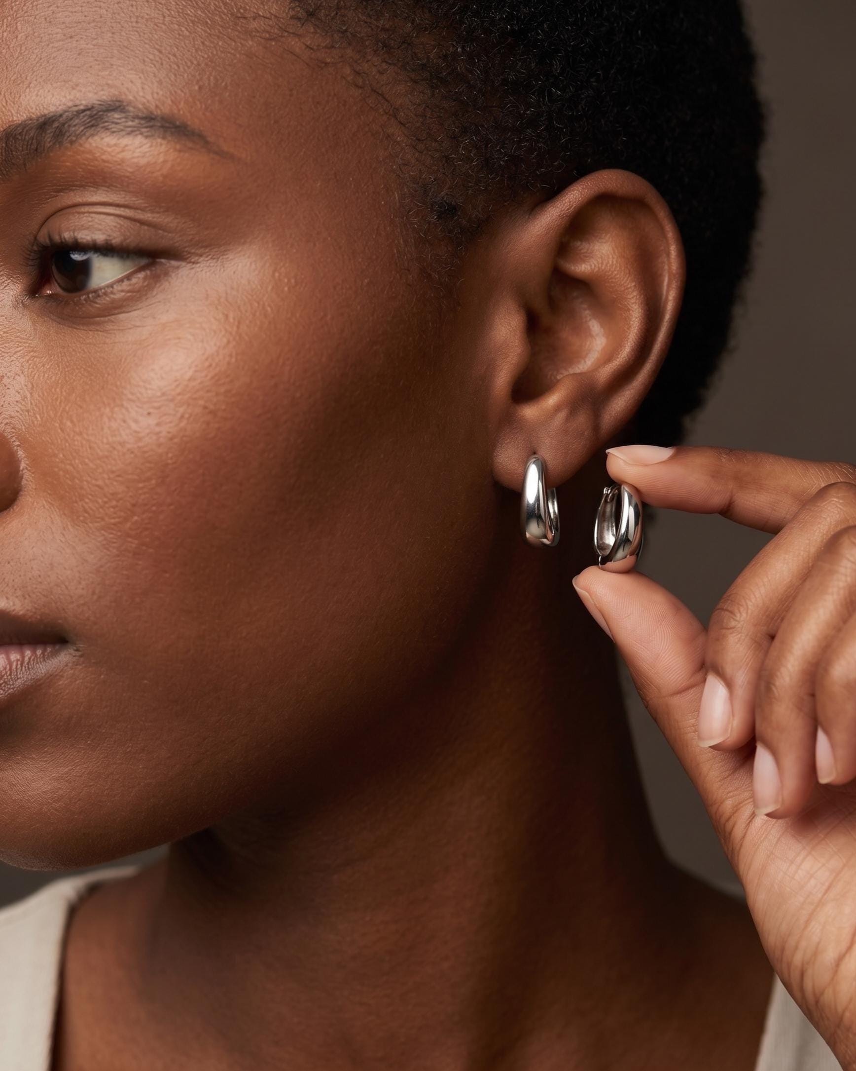 Silver Oval Huggie Hoop Earrings, 13mm Mini Stainless Steel Minimalist Gift for Everyday Wear