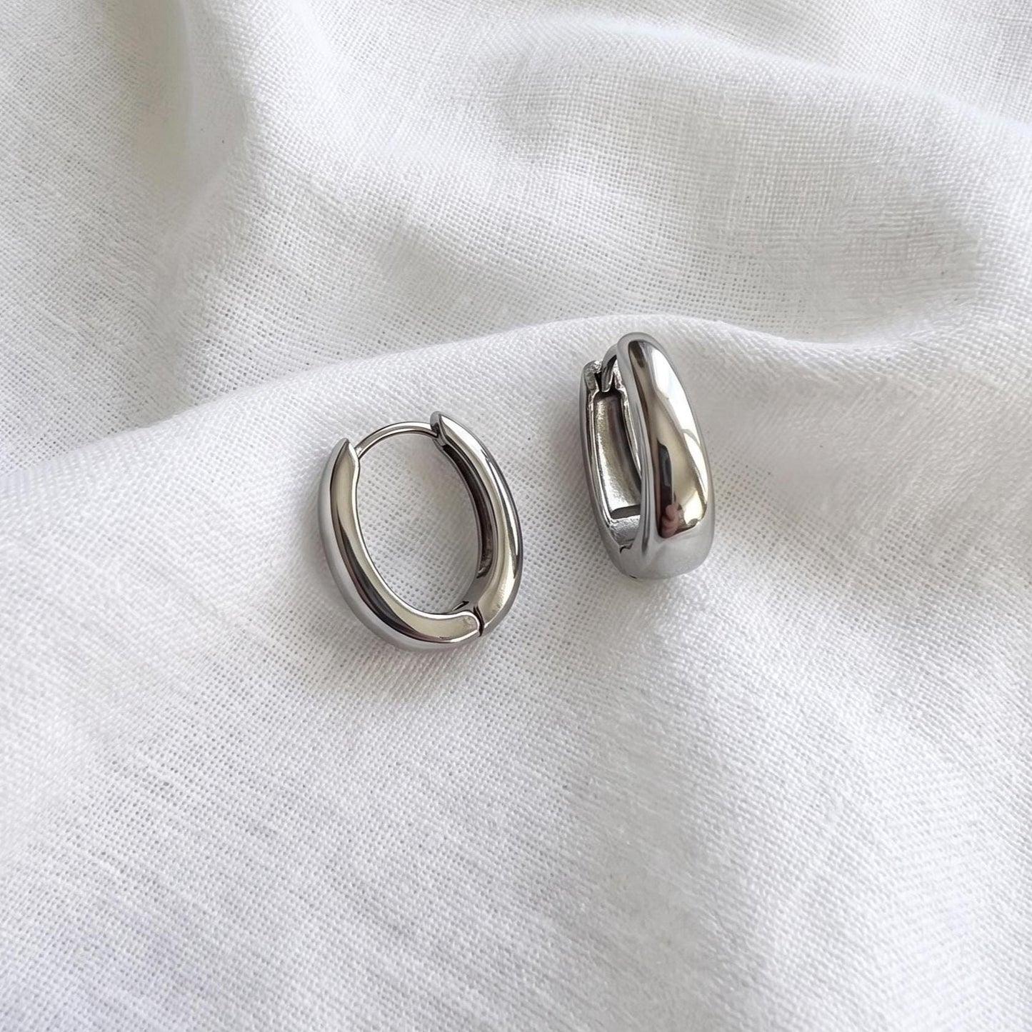 Silver Oval Huggie Hoop Earrings, 13mm Mini Stainless Steel Minimalist Gift for Everyday Wear