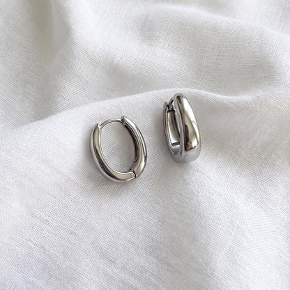 Silver Oval Huggie Hoop Earrings, 13mm Mini Stainless Steel Minimalist Gift for Everyday Wear