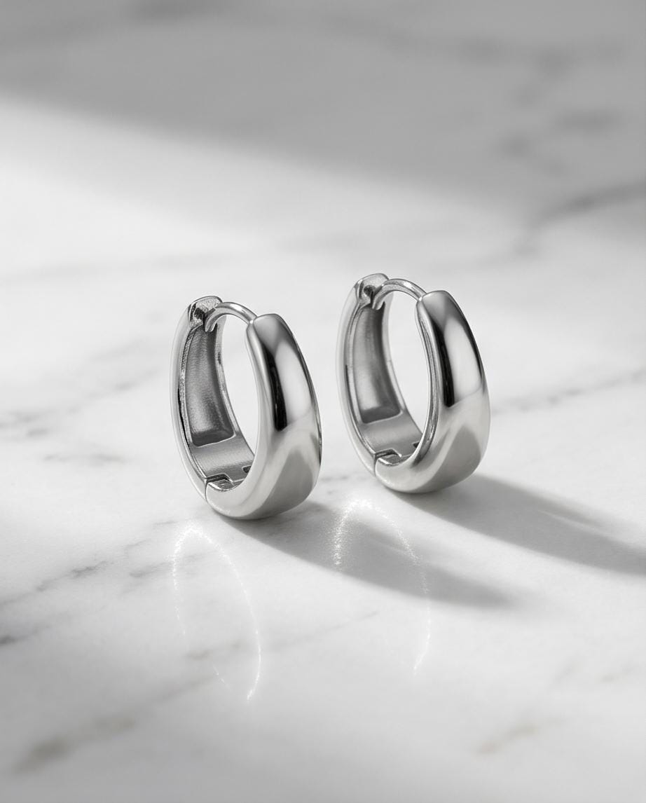 Silver Oval Huggie Hoop Earrings, 13mm Mini Stainless Steel Minimalist Gift for Everyday Wear