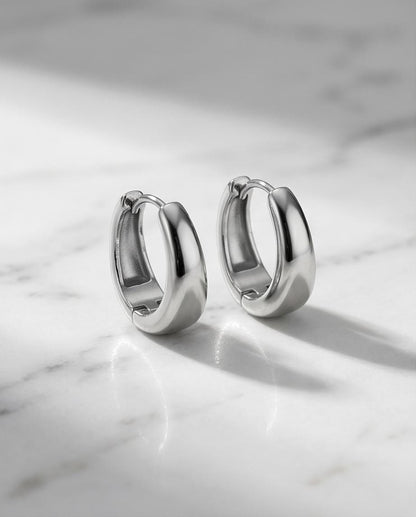 Silver Oval Huggie Hoop Earrings, 13mm Mini Stainless Steel Minimalist Gift for Everyday Wear