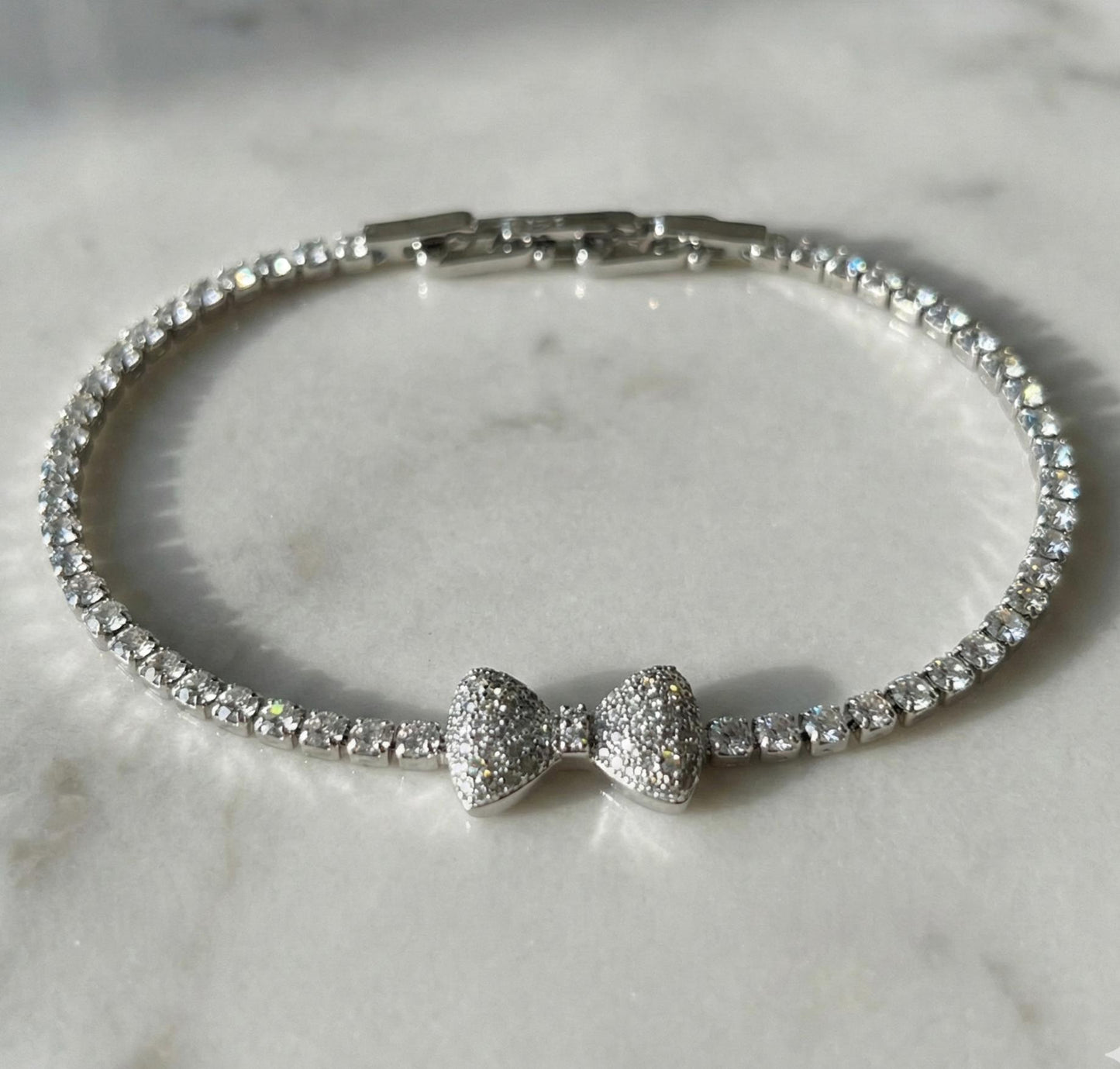 White Gold Crystal Bow Tennis Bracelet - Pave Sparkle Jewelry Feminine Bridal Accessory