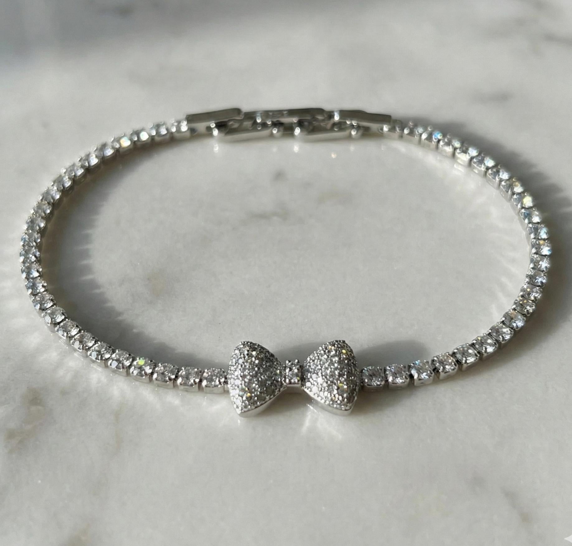 White Gold Crystal Bow Tennis Bracelet - Pave Sparkle Jewelry Feminine Bridal Accessory