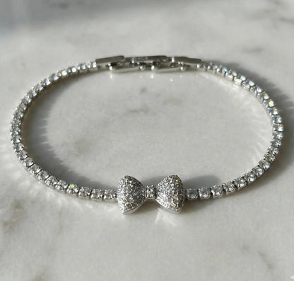 White Gold Crystal Bow Tennis Bracelet - Pave Sparkle Jewelry Feminine Bridal Accessory