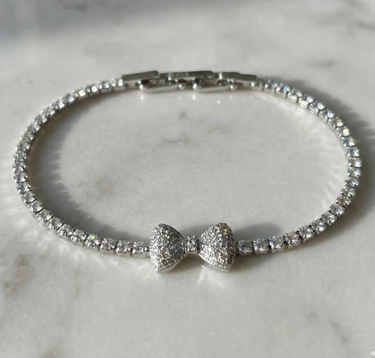White Gold Crystal Bow Tennis Bracelet - Pave Sparkle Jewelry Feminine Bridal Accessory