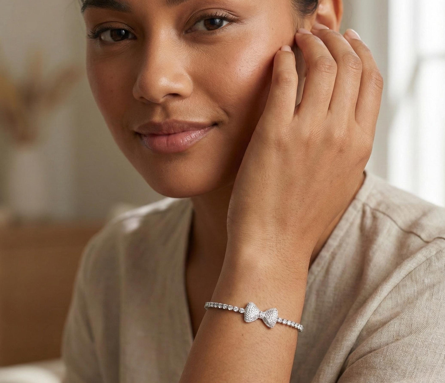 White Gold Crystal Bow Tennis Bracelet - Pave Sparkle Jewelry Feminine Bridal Accessory
