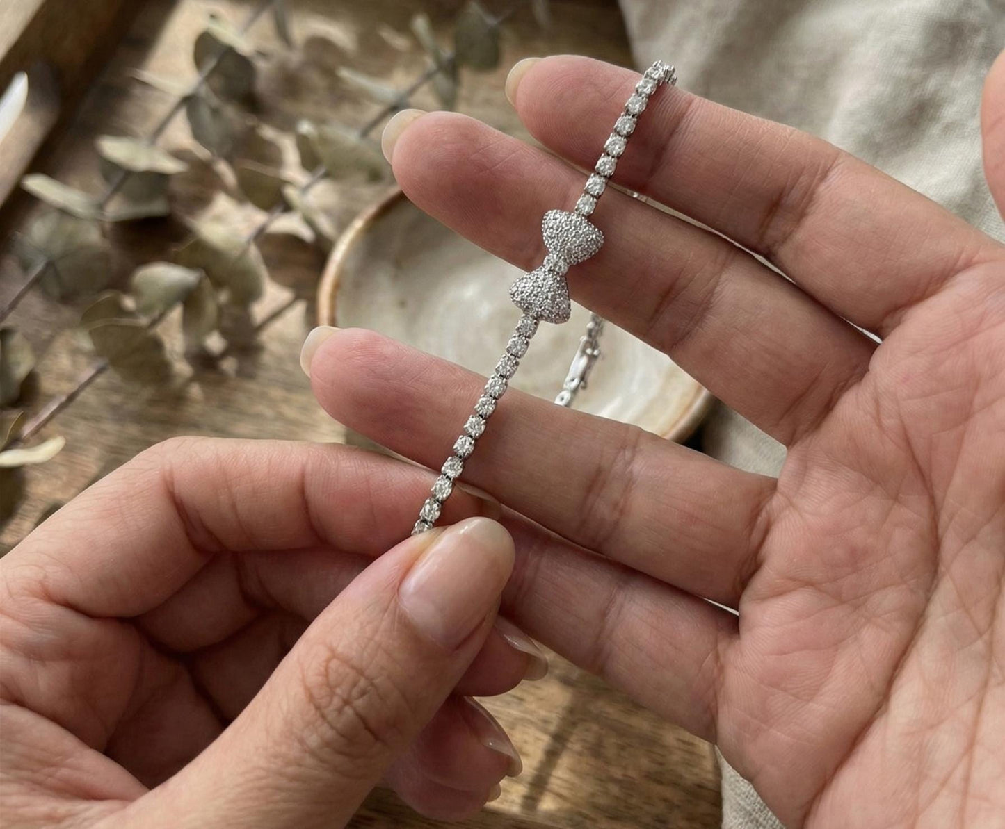 White Gold Crystal Bow Tennis Bracelet - Pave Sparkle Jewelry Feminine Bridal Accessory