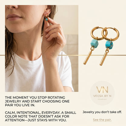 Gold & Turquoise Dangle Huggie Hoop Earrings