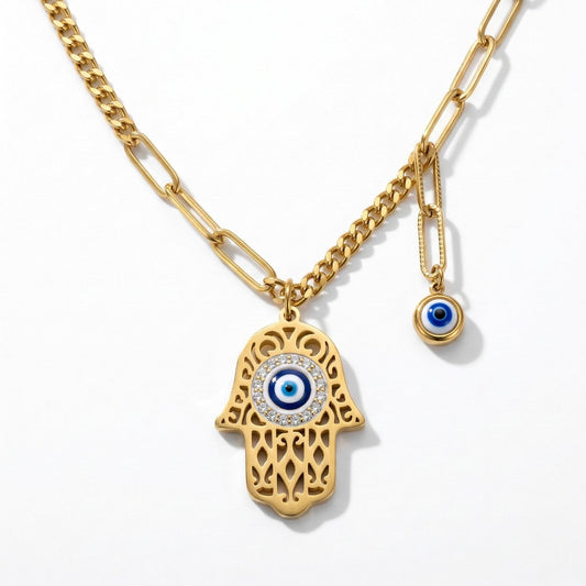 Hamsa Evil Eye Gold Necklace