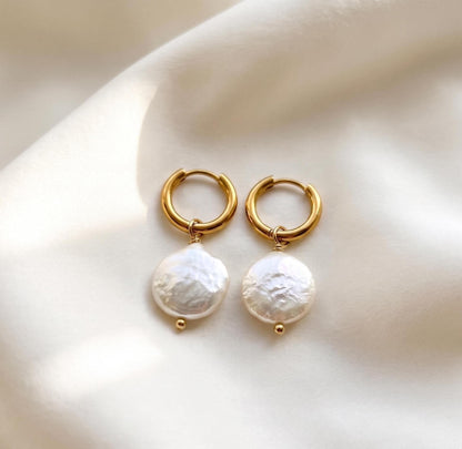 Pearl Drop Gold Huggie Hoops