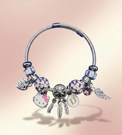 Hello Kitty Charm Bracelet with Initial, Personalized Cable Bangle, Pink Crystal, Y2K Gift Jewelry
