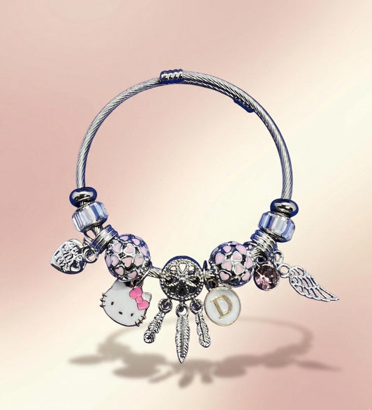 Hello Kitty Charm Bracelet with Initial, Personalized Cable Bangle, Pink Crystal, Y2K Gift Jewelry