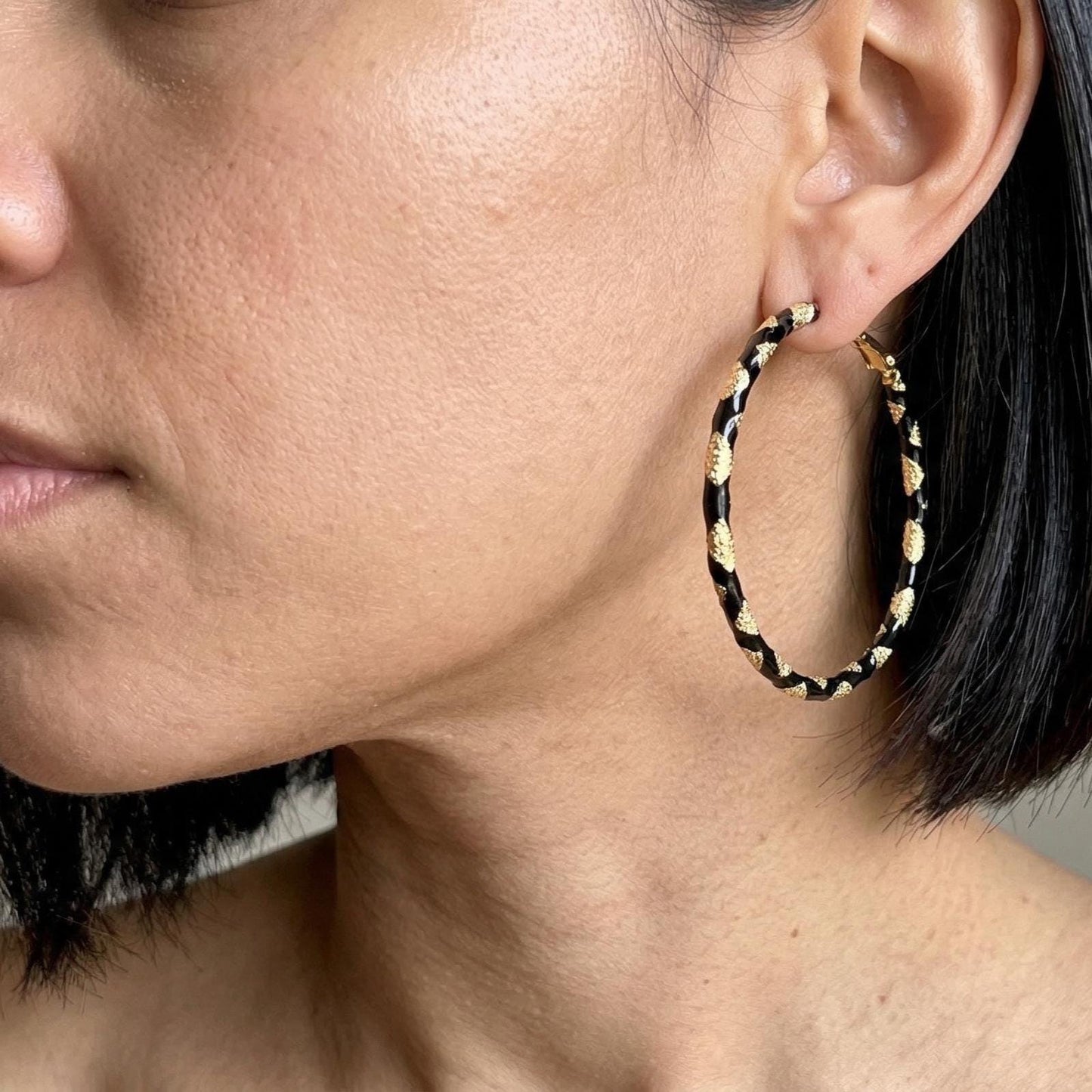 Textured Black & Gold Hoop Earrings
