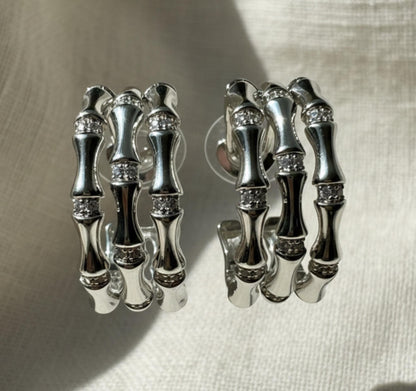 Bamboo Crystal Pavé Silver Earrings