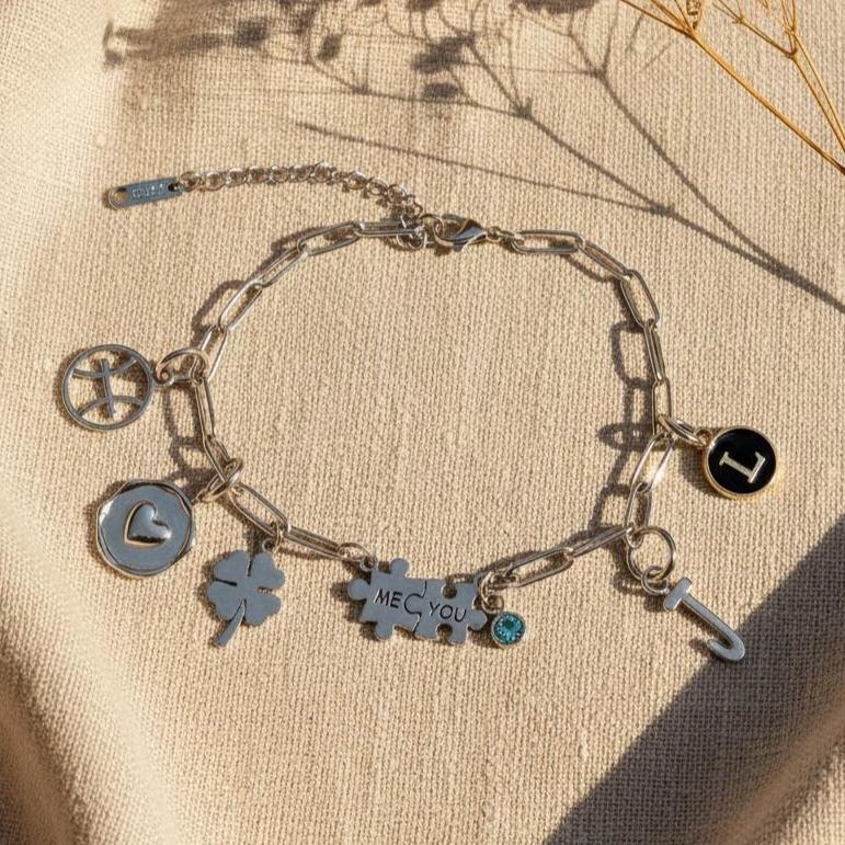 Personalized Puzzle Charm Bracelet Custom Initials Birthstone Zodiac Signs Stainless Steel Anniversary Gift