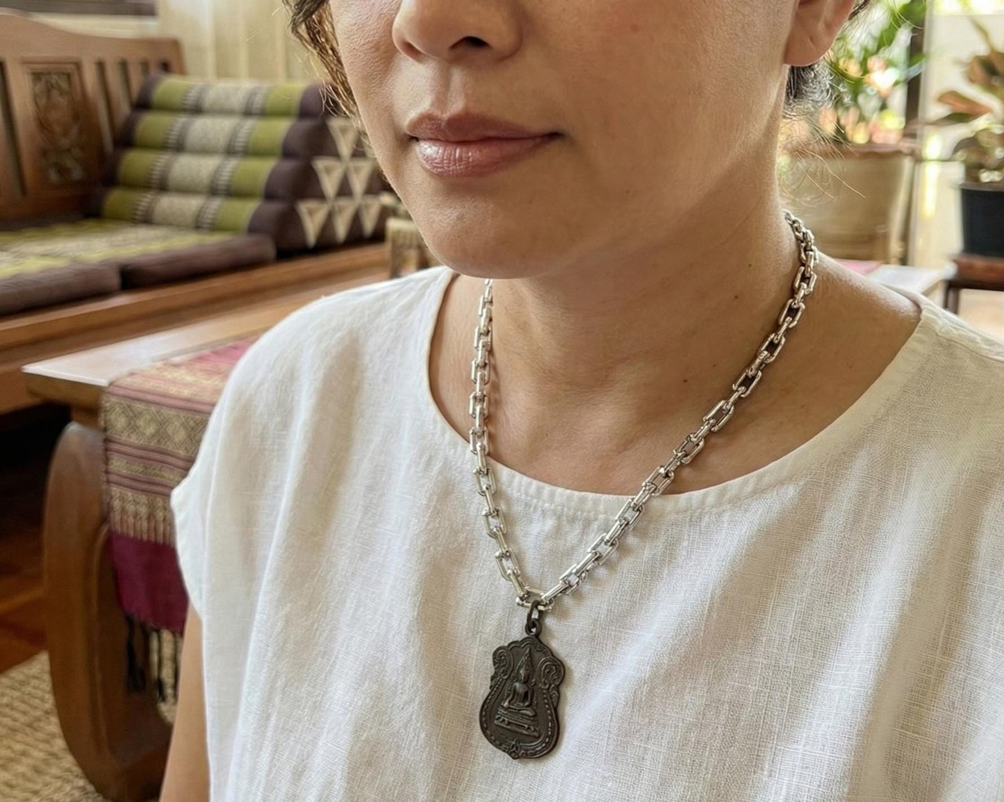 Thai Buddha Pewter Amulet Necklace