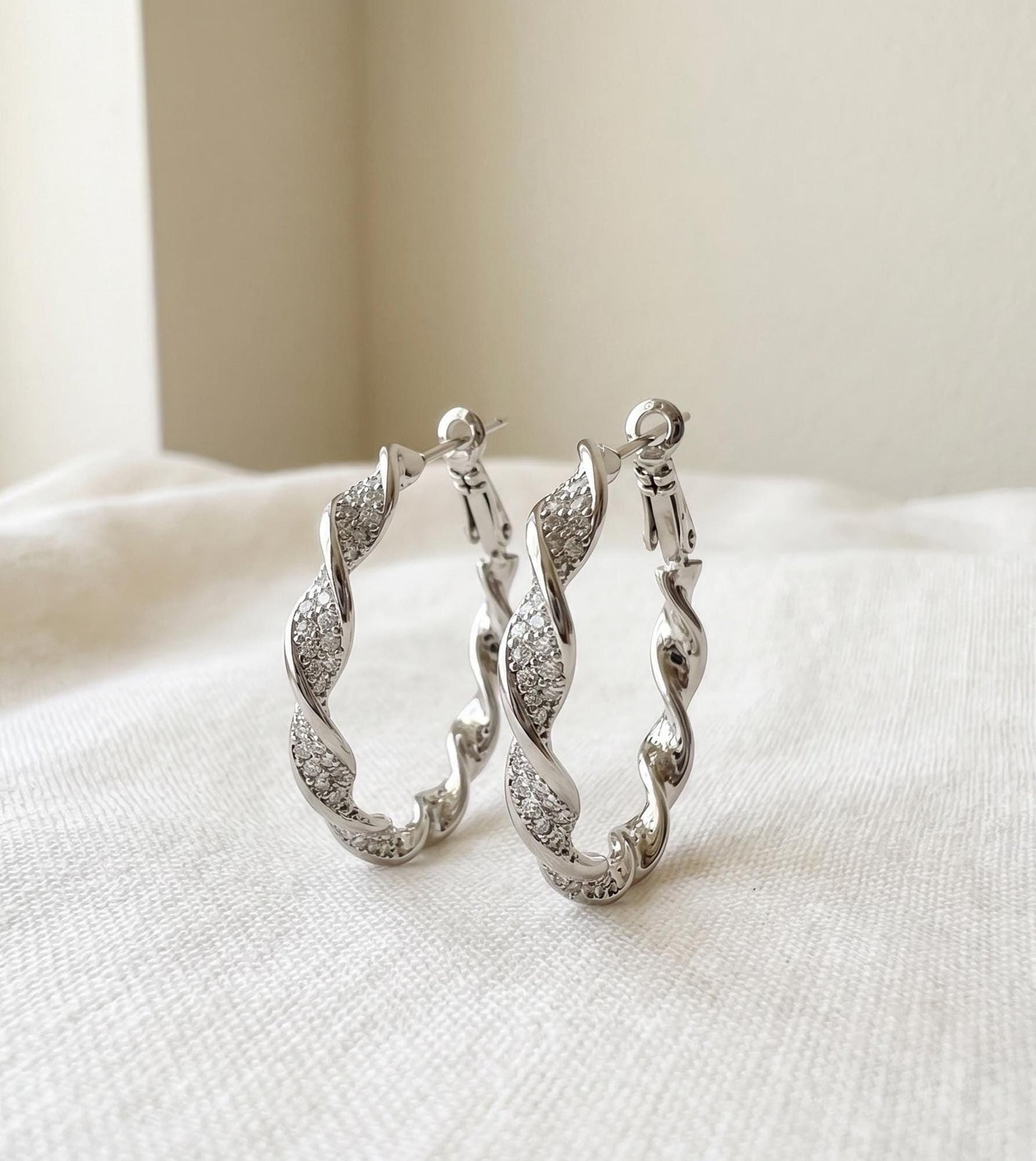 Twisted Crystal Pavé Silver Hoops