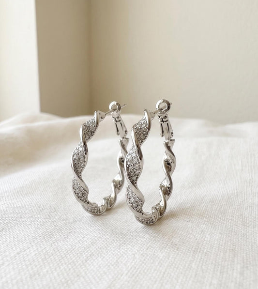 Twisted Crystal Pavé Silver Hoops