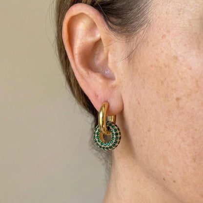 Emerald Pavé Donut Charm Gold Huggie Hoops