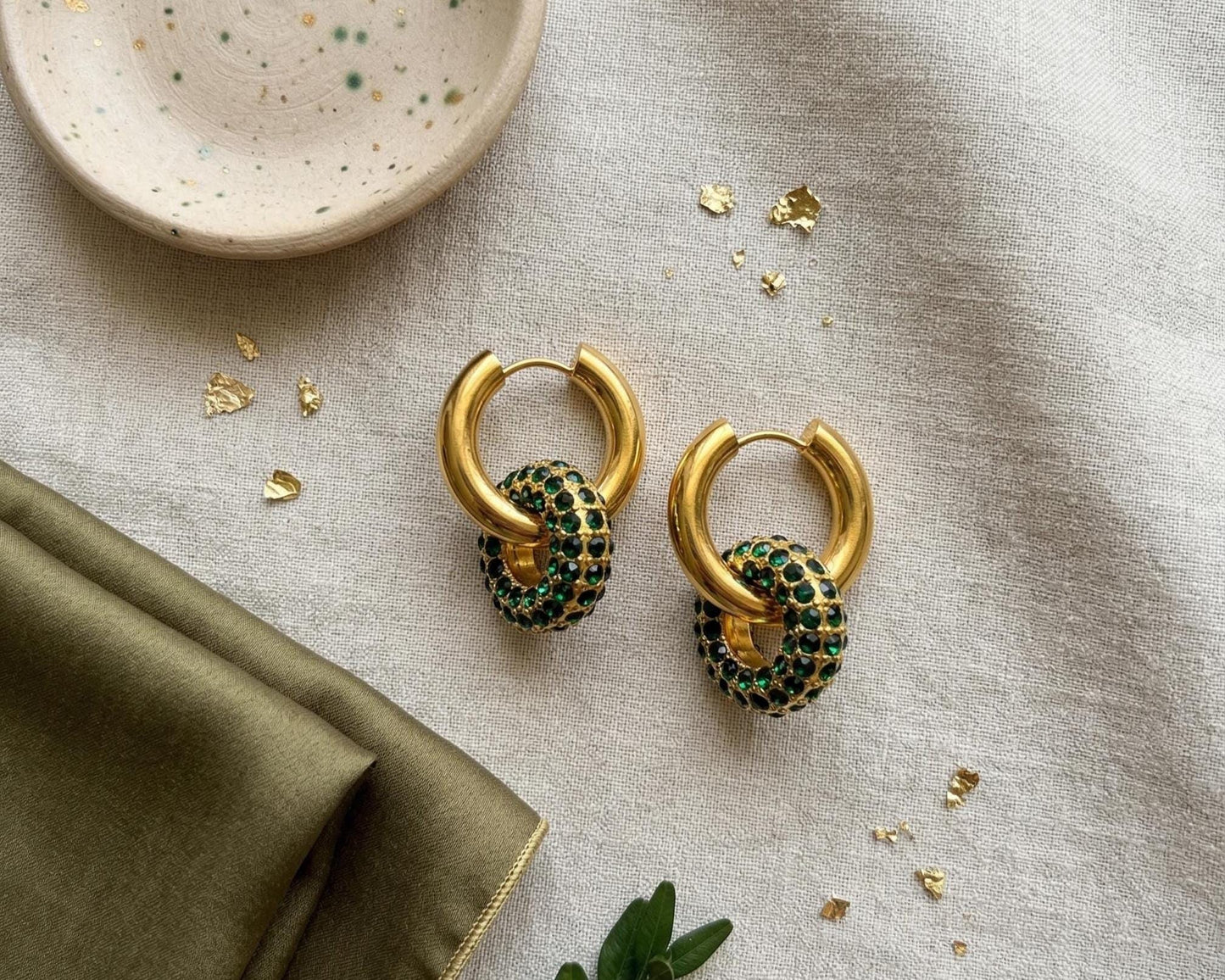 Emerald Pavé Donut Charm Gold Huggie Hoops