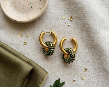 Emerald Pavé Donut Charm Gold Huggie Hoops