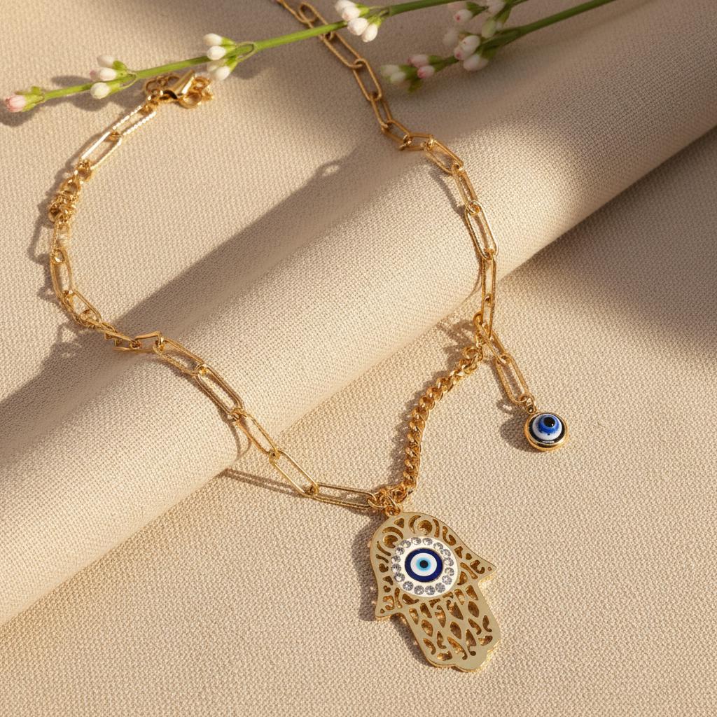 Hamsa Evil Eye Gold Necklace