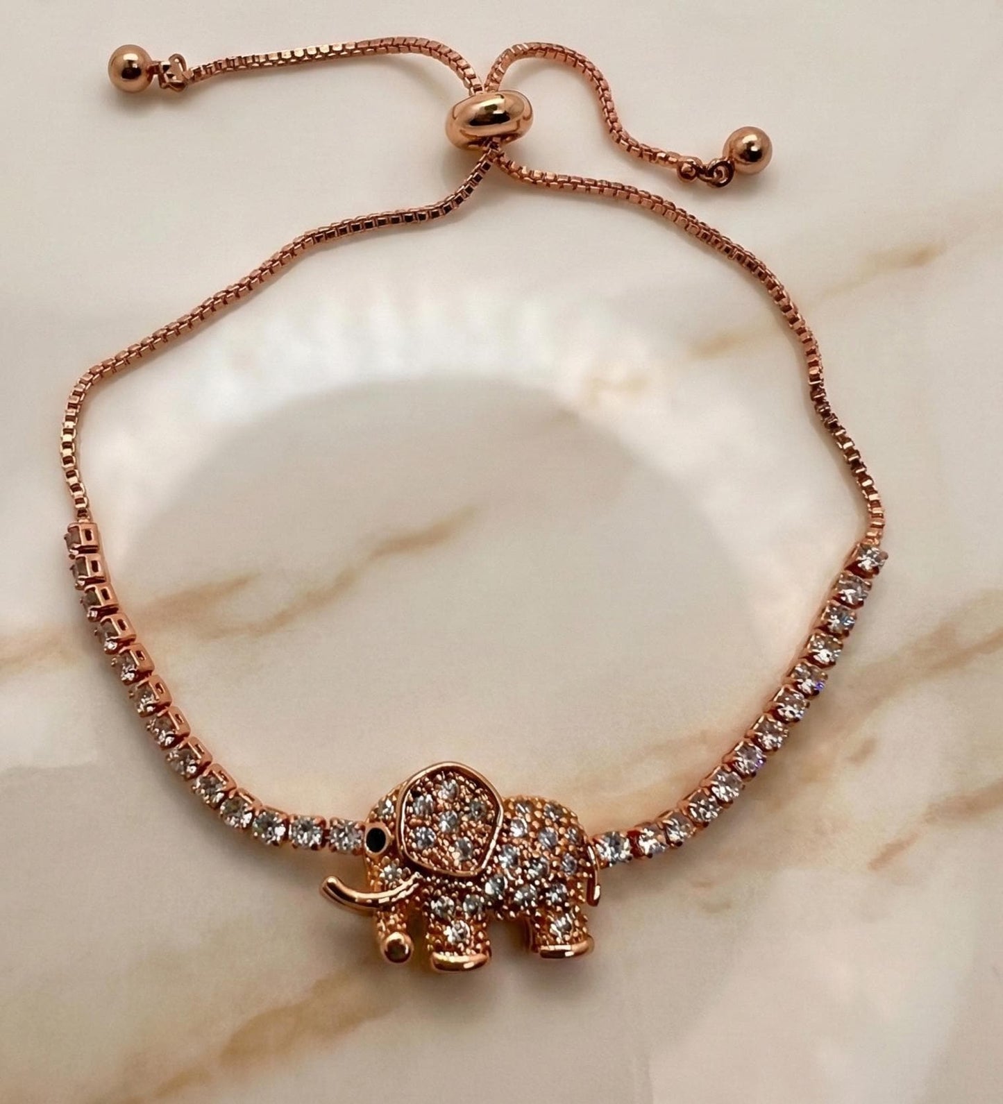 Good Luck Elephant Charm Bracelet Rose Gold Adjustable Dainty Fortune Jewelry