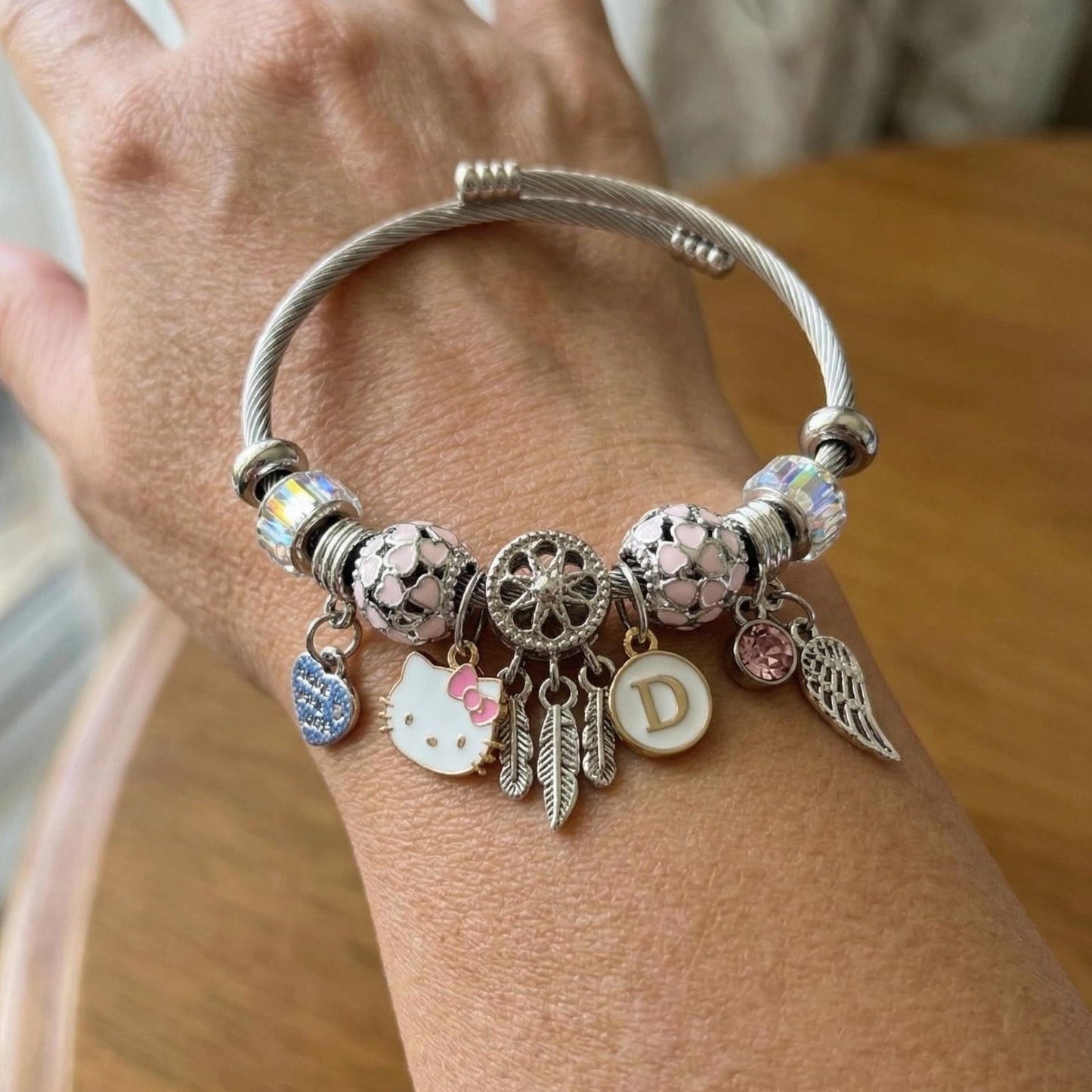 Hello Kitty Charm Bracelet with Initial, Personalized Cable Bangle, Pink Crystal, Y2K Gift Jewelry