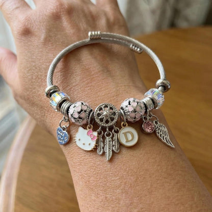 Hello Kitty Charm Bracelet with Initial, Personalized Cable Bangle, Pink Crystal, Y2K Gift Jewelry