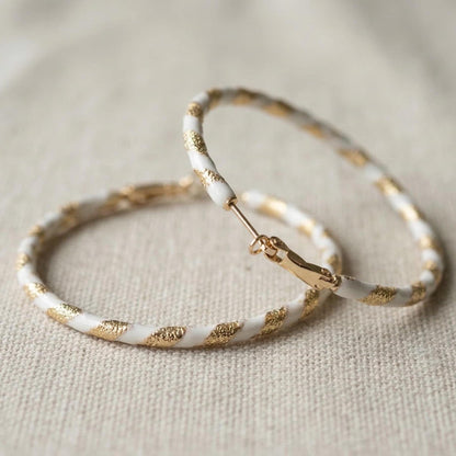 White Enamel Twisted Gold Hoops