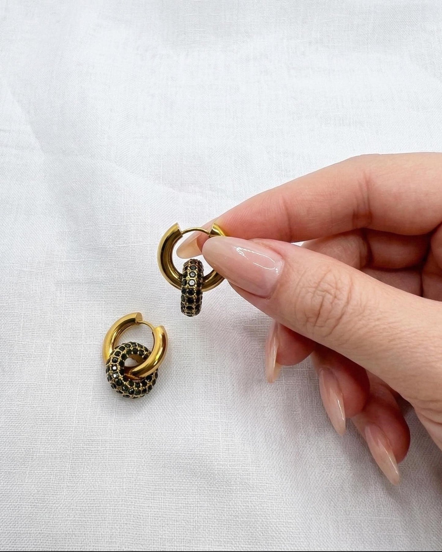 Emerald Pavé Donut Charm Gold Huggie Hoops