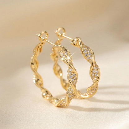 Twisted Crystal Pavé Gold Hoop Earrings