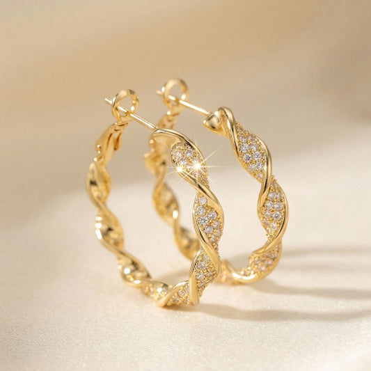 Twisted Crystal Pavé Gold Hoop Earrings