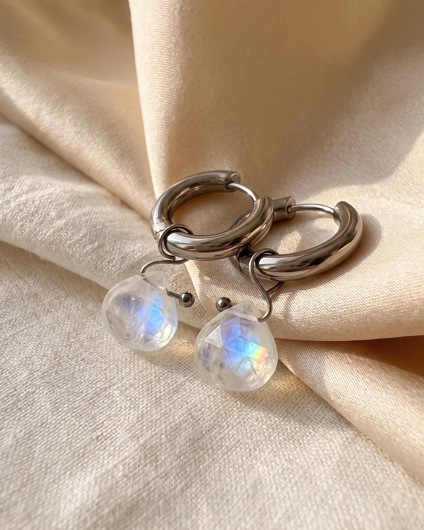 Moonstone Silver Huggie Hoops