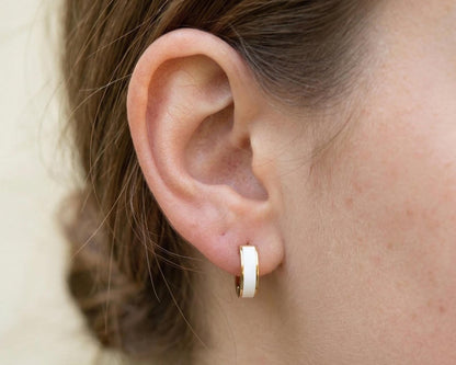 White Enamel Gold Huggie Hoops